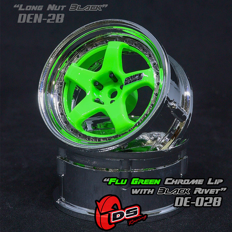 DS Racing (#DE-028) Drift Element 5 Spoke Wheel Set - Flu Green/Chrome Lip w/ Black Rivets