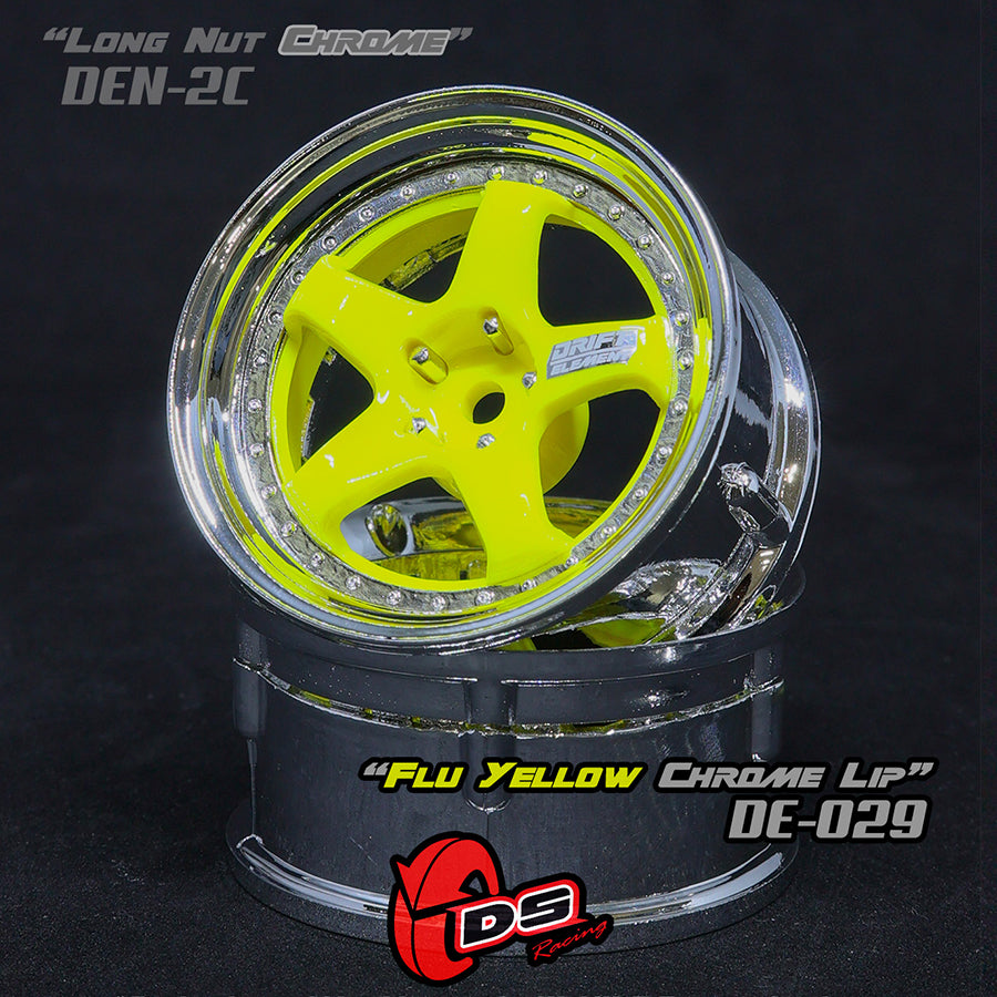 DS Racing (#DE-030) Drift Element 5 Spoke Wheel Set - Flu Yellow/Chrome Lip w/ Black Rivets