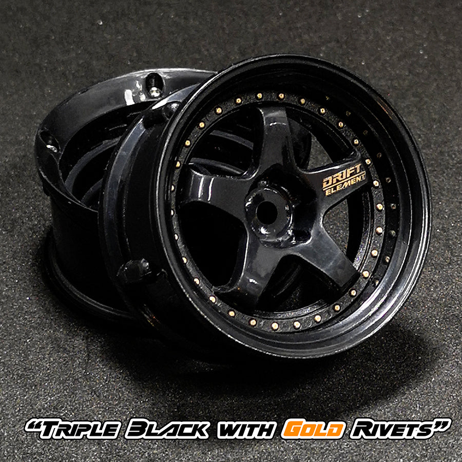 DS Racing (#DE-007) Drift Element Wheel Set - Triple Black w/ Gold Rivets