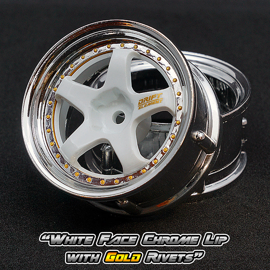 DS Racing (#DE-011) Drift Element Wheel Set - White/Chrome w/ Gold Rivets