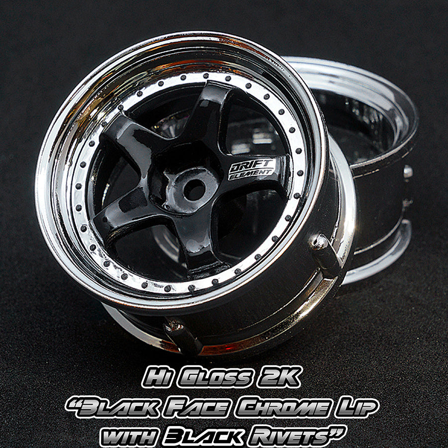 DS Racing (#DE-014) Drift Element Wheel Set - Hi Gloss 2K Black/Chrome w/ Black Rivets