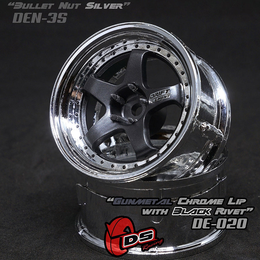 DS Racing (#DE-020) Drift Element Wheel Set - Gunmetal/Chrome w/ Black Rivets