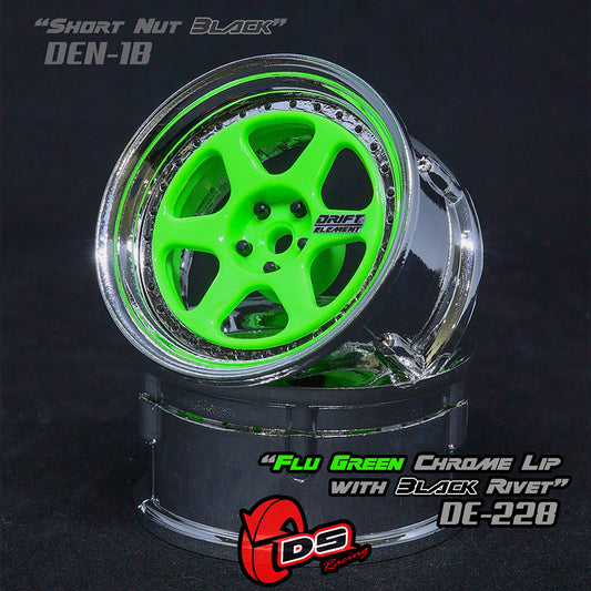 DS Racing (#DE-228) Drift Element 6 Spoke Wheel Set - Flu Green/Chrome Lip w/ Black Rivets
