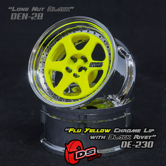 DS Racing (#DE-230) Drift Element 6 Spoke Wheel Set - Flu Yellow/Chrome Lip w/ Black Rivets