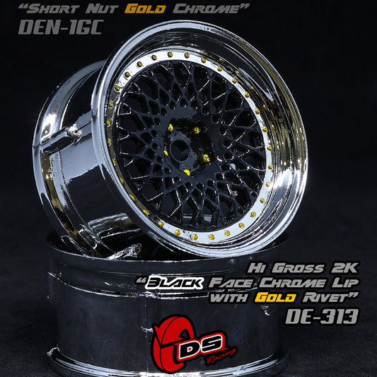 DS Racing (#DE-313) Drift Element Mesh Wheel Set - Black/Chrome w/ Gold Rivets