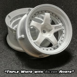 DE 5 Spoke Wheel Set - Triple White w/ Silver Rivets